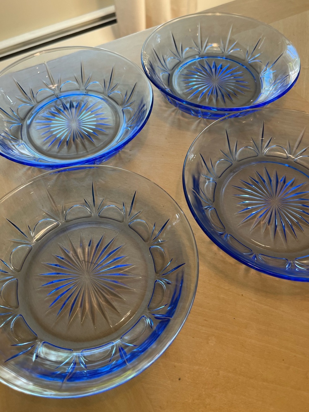 Vintage Set Of 4 Avon Fostoria Classic American Blue Glass Bowls 7”
